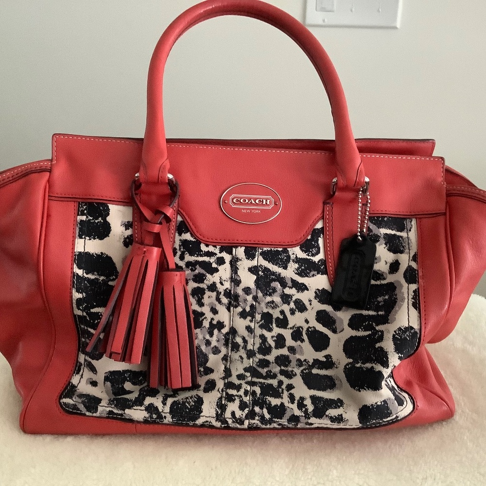 Coach Legacy Haley Red Leather and Leopard Print Cloth Trim Satchel With Tassel